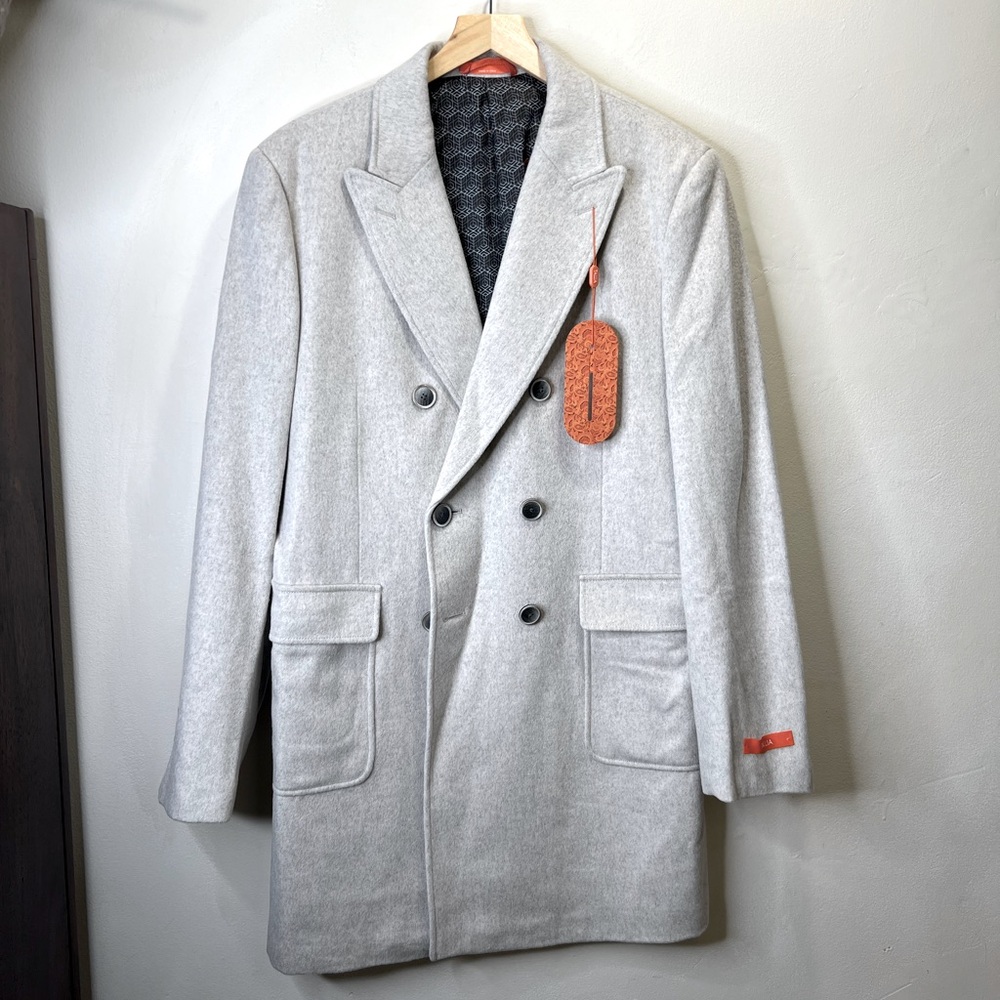 TALLIA Men’s Wool Slim-Fit Oatmeal Double-Breasted Overcoat Size M